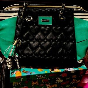Betsey Johnson beautiful black cream and green purse with gold and black handles